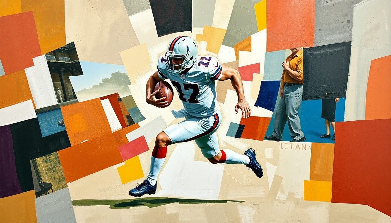 A fragmented, cubist-style painting depicting a football player in motion, broken down into sharp, overlapping geometric shapes and planes in a variety of colors.