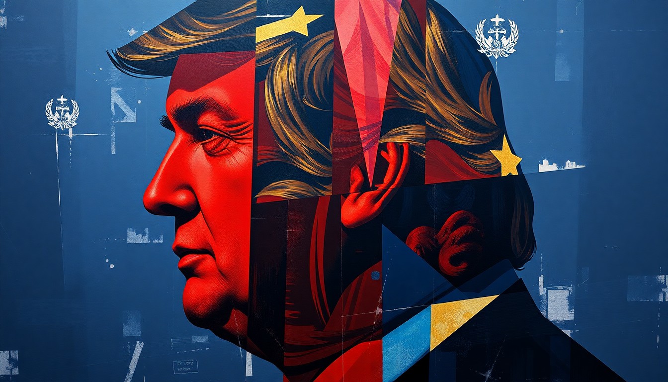 A conceptual abstract painting featuring overlapping, fragmented geometric shapes in navy, crimson, and gold, conveying a sense of political turmoil and shifting loyalties.