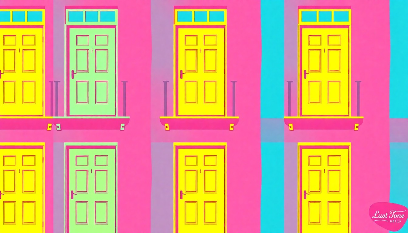 A high-contrast, brightly colored silkscreen print of a residential building exterior, with the same architectural element repeated in a grid pattern, conceptually representing the commodification of modest homes.