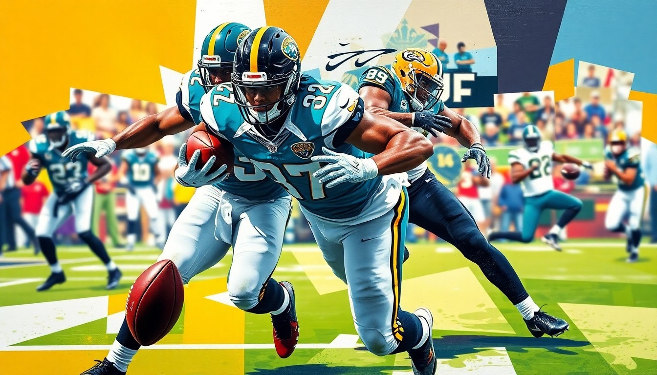 A cubist, geometric painting depicting a football player's defensive and offensive movements, with sharp, overlapping planes in the official colors of the Jacksonville Jaguars.