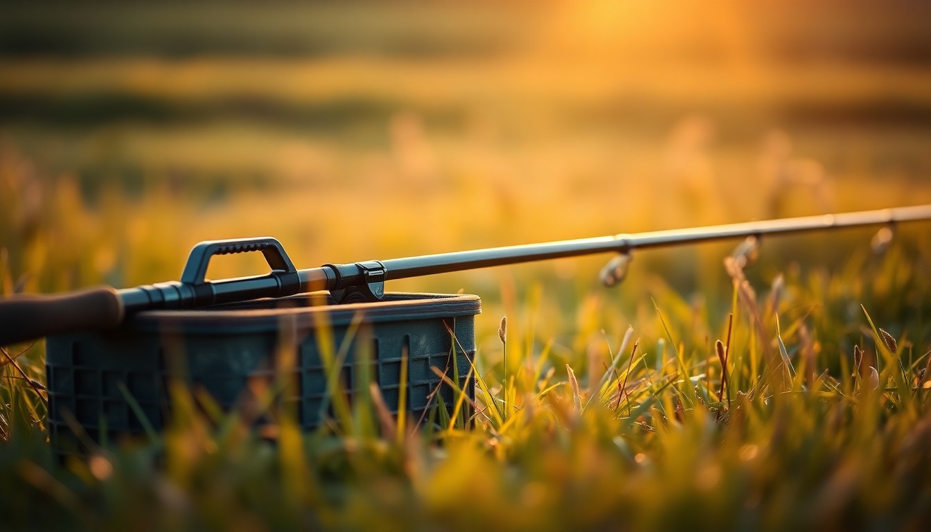 An extremely abstracted, out-of-focus photograph of a fishing rod and tackle box in a grassy field, with warm, golden light filtering through the background, conveying a sense of tranquility and the peaceful pursuits the retiree plans to enjoy.