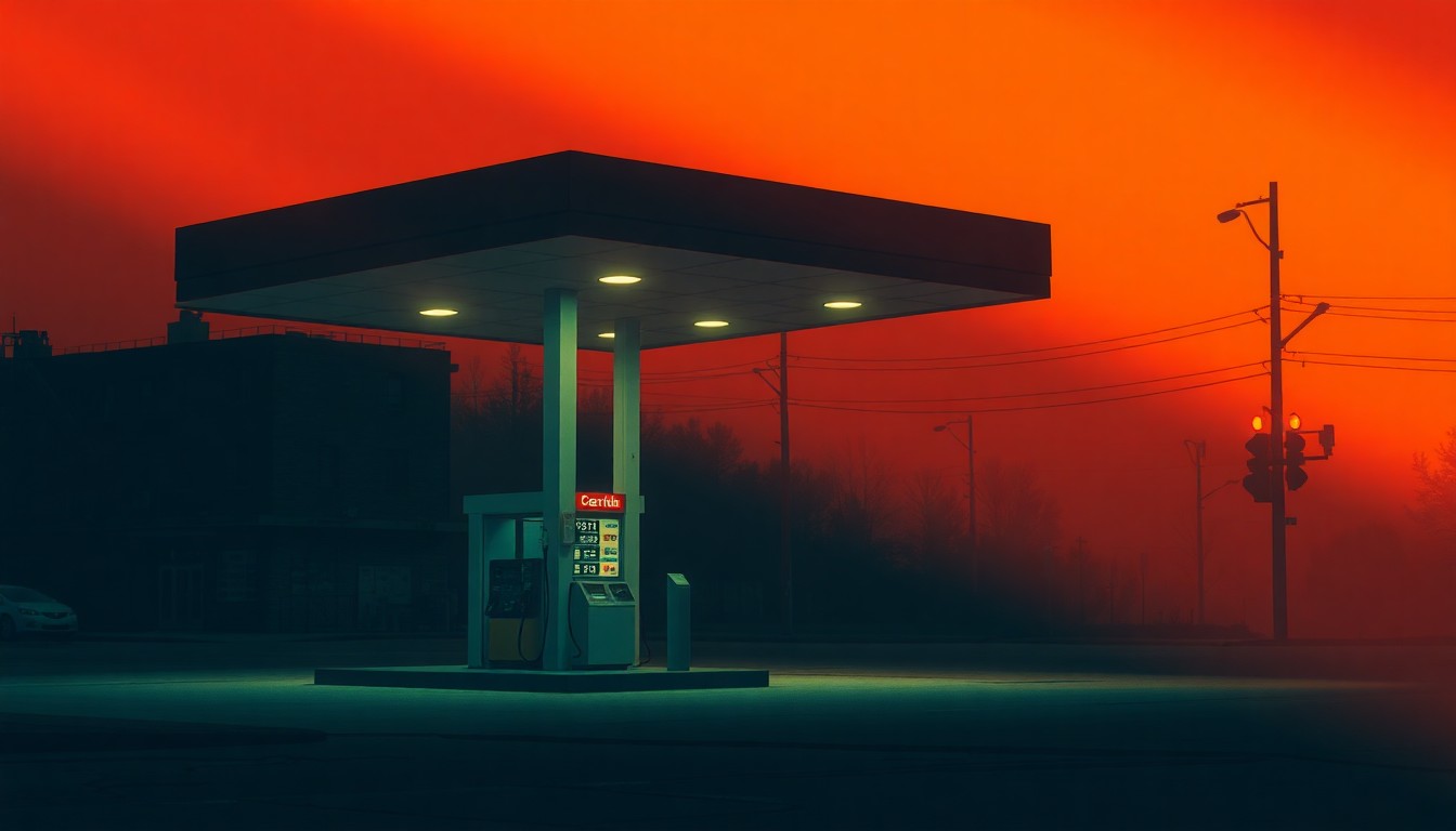 A photorealistic painting of a solitary gas station in a dimly lit urban setting, with warm diagonal sunlight and deep shadows creating a melancholic mood that reflects the burden of rising fuel prices on everyday Americans.