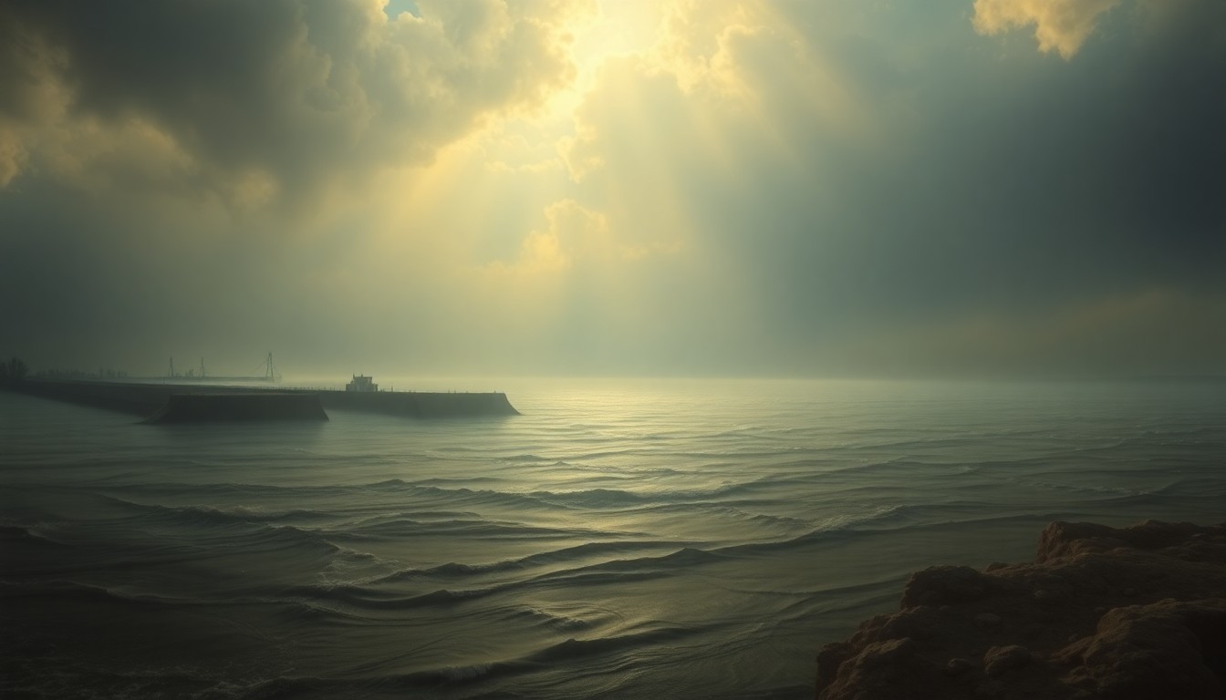 A vast, atmospheric landscape painting in muted blues and grays, with a damaged levee structure barely visible in the distance, dwarfed by the expansive, turbulent waters that have flooded the low-lying area.