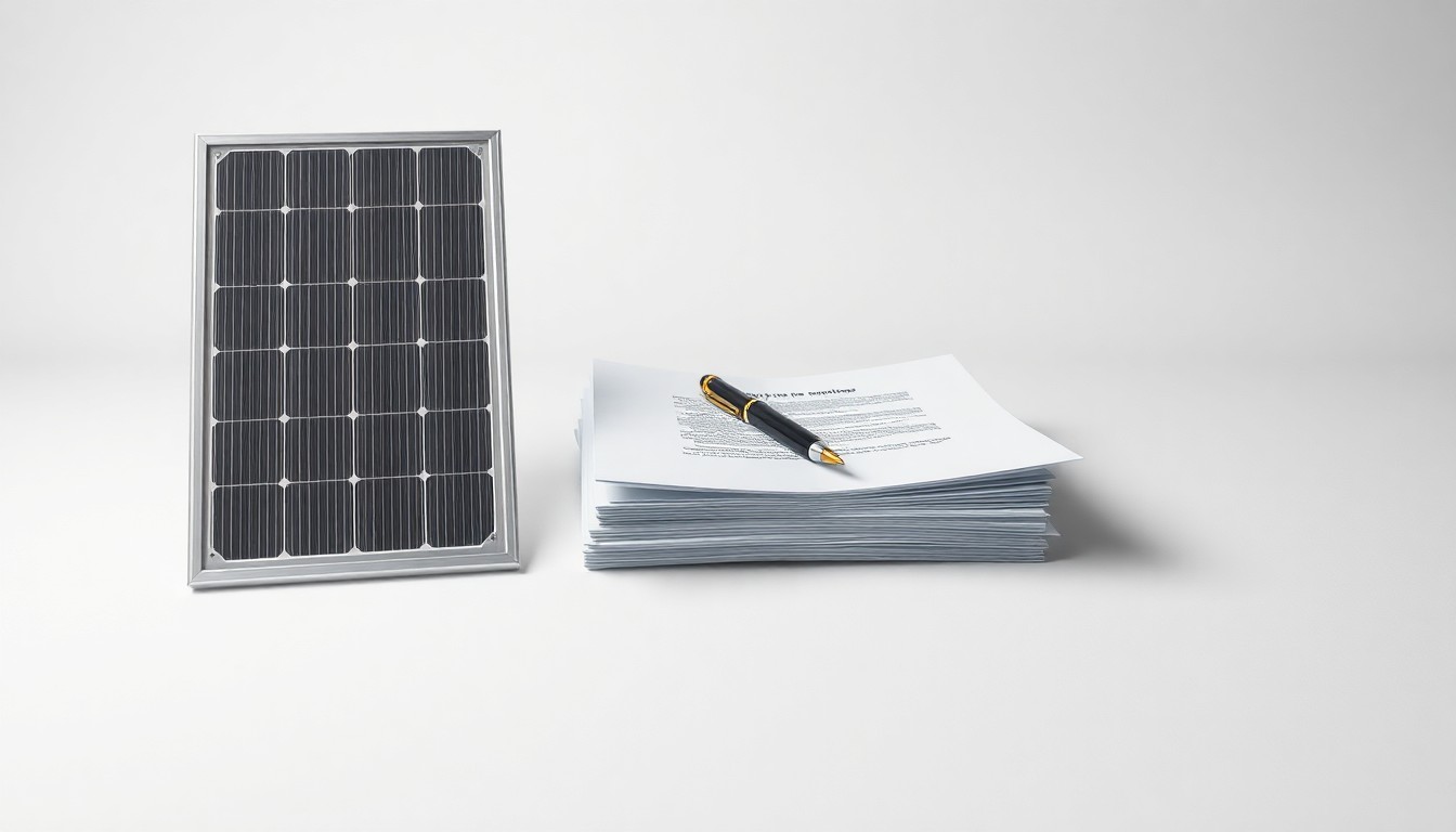 A high-end, photorealistic studio still-life photograph featuring a polished metal solar panel frame, a stack of legal documents, and a pen resting on a clean, monochromatic background, conceptually representing the financial management of renewable energy contracts.