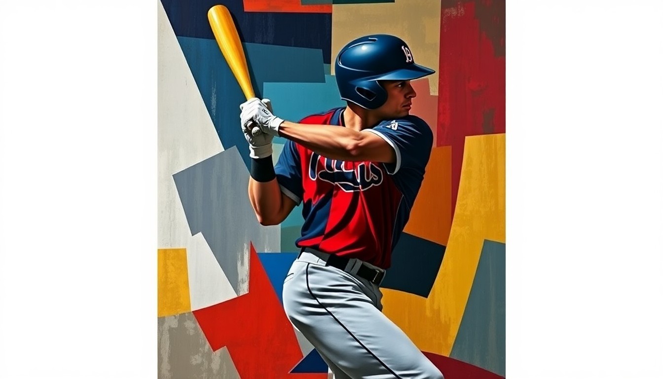 A cubist, geometric painting depicting a baseball player's batting motion, with sharp, overlapping planes of navy blue, red, and gold colors representing the dynamic energy of the game.