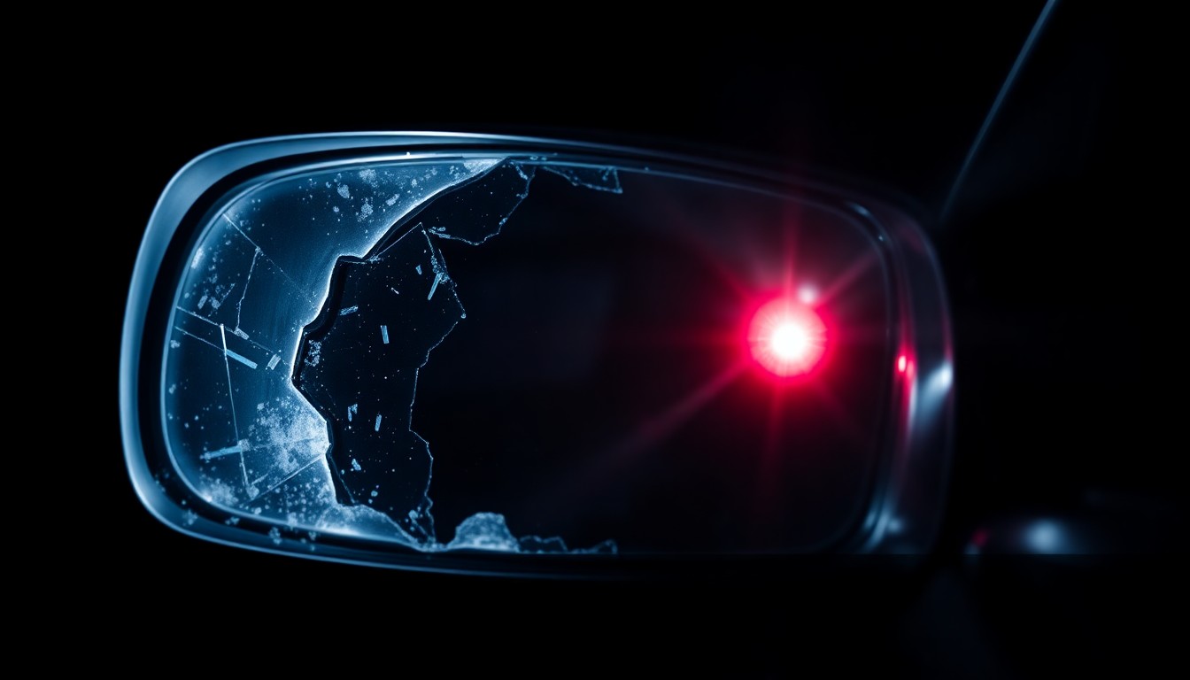 An extreme close-up photograph of a car's shattered side mirror reflecting a single red taillight, creating a stark, gritty, and investigative aesthetic through the use of harsh flash lighting against a pitch-black background.