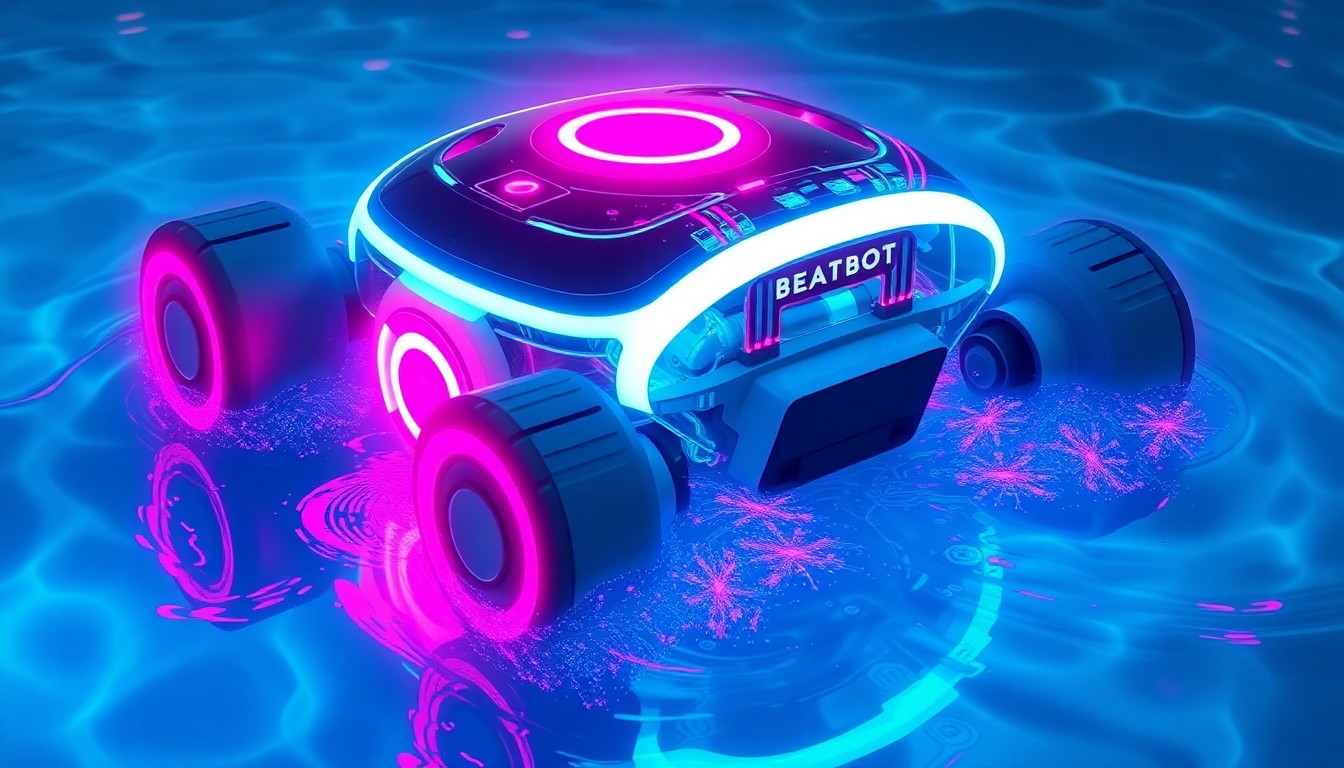 A highly detailed, glowing 3D illustration of a robotic pool cleaner navigating the surface of a swimming pool, with its internal components and circuitry illuminated by neon cyan and magenta lights, conceptually representing the advanced technology powering this innovative pool maintenance device.