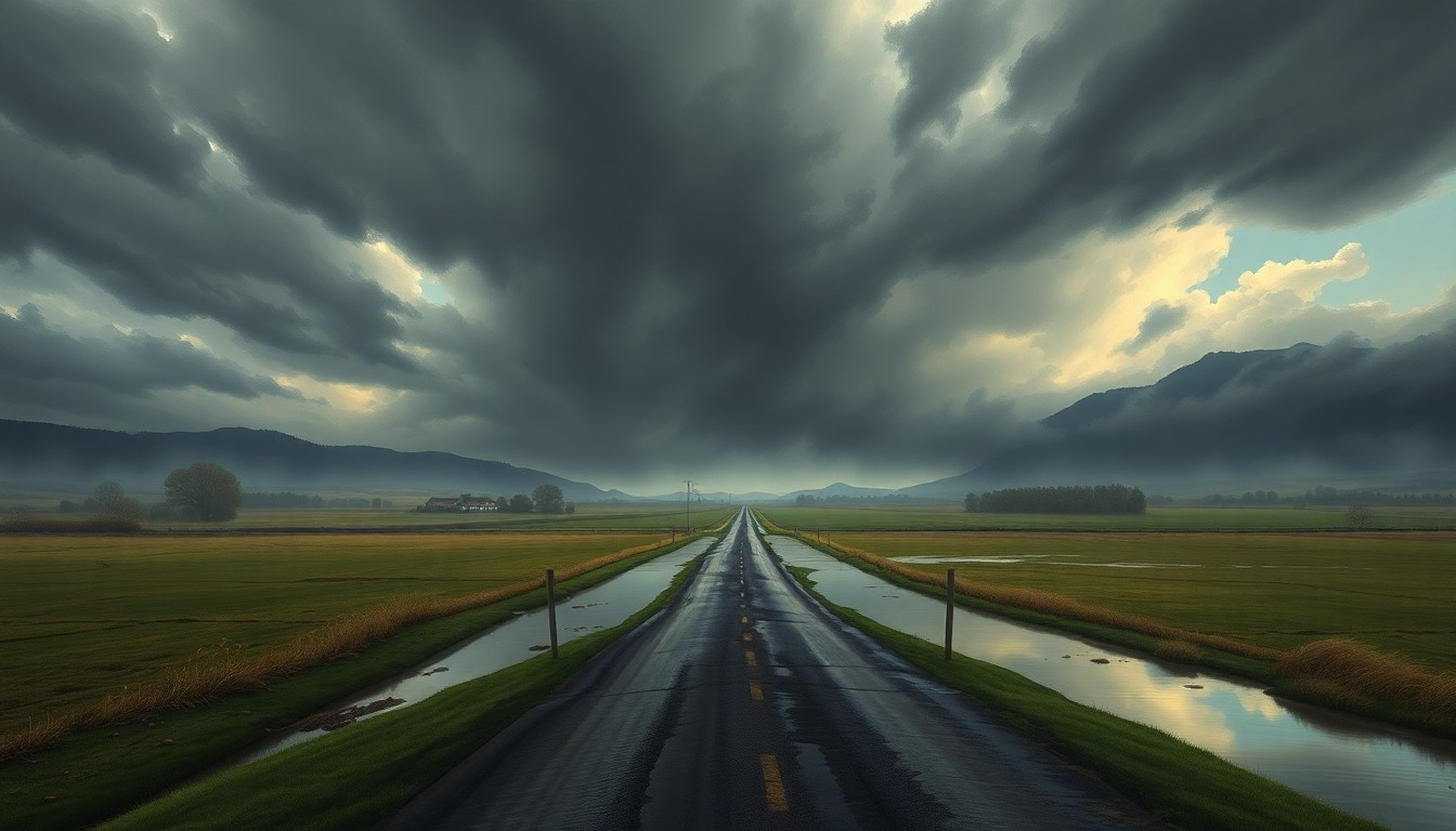 A sweeping, atmospheric landscape painting with a flooded rural driveway cutting through the center, dwarfed by the overwhelming scale of the stormy sky and surrounding countryside.
