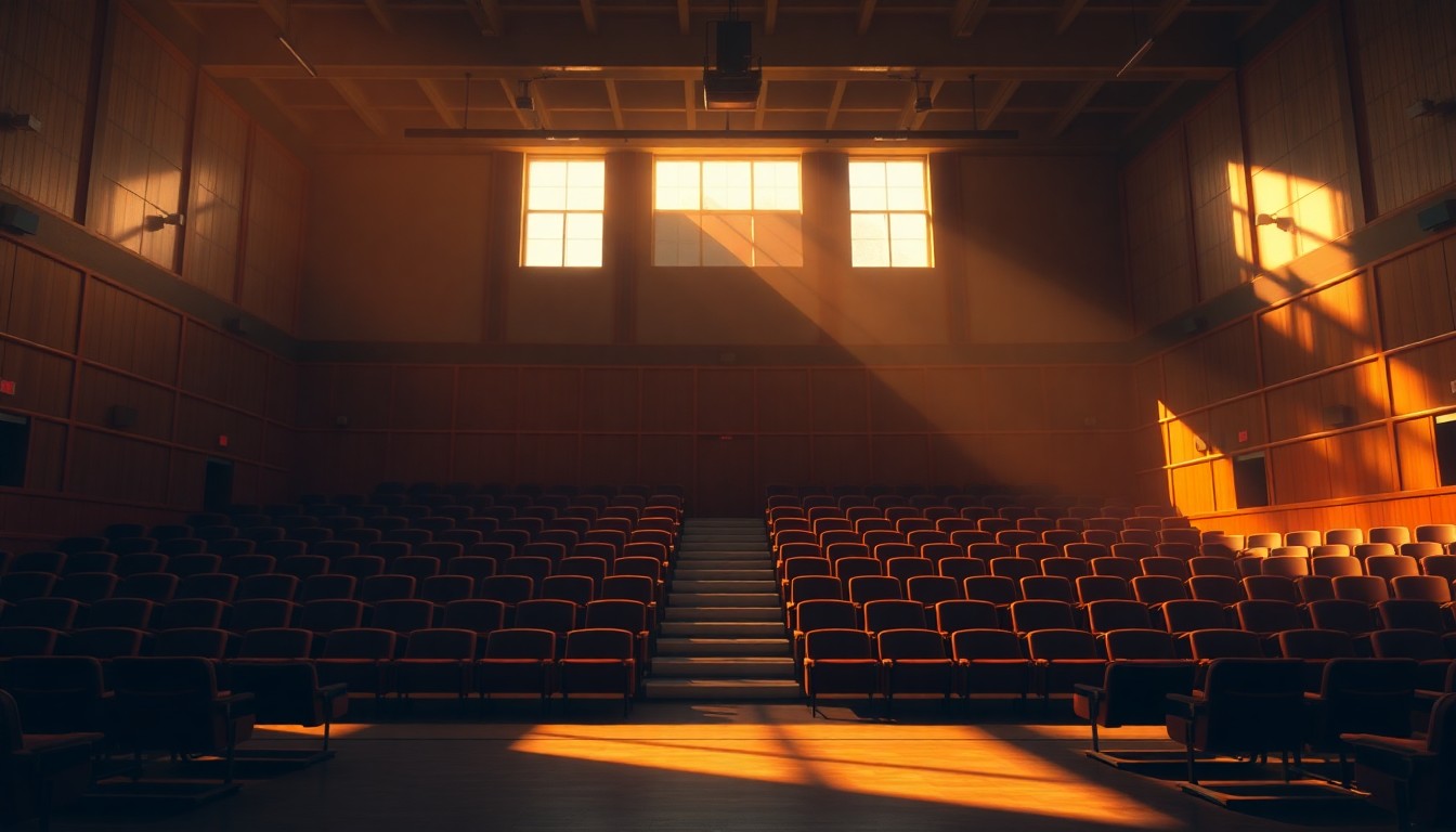 A serene, textured oil painting depicting the interior of a high school auditorium, with sunlight streaming through the windows and casting long shadows across the empty seats, conceptually representing the setting of a political forum.