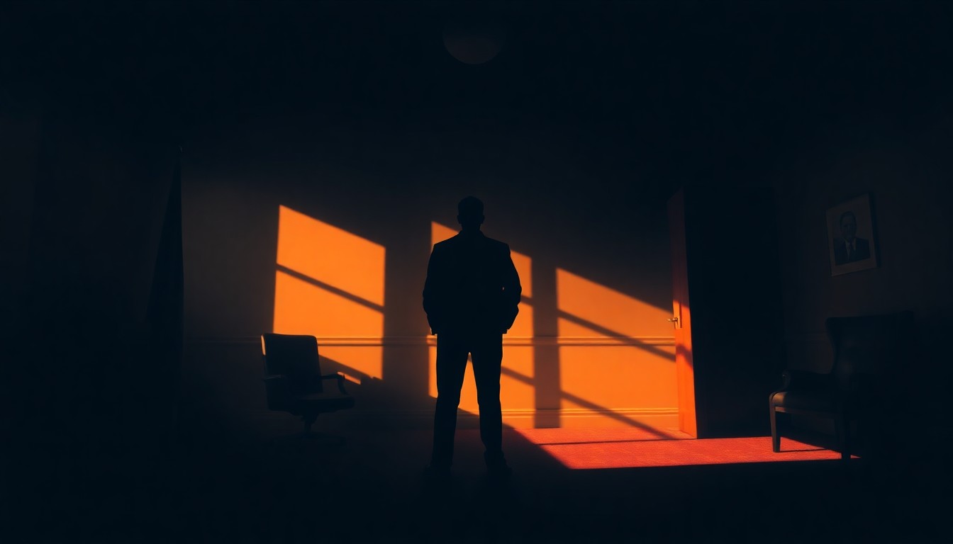 A moody, cinematic painting of a solitary figure standing alone in a dimly lit political office, the warm glow of a setting sun casting long shadows across the room, conveying the heavy emotional weight and isolation often felt by survivors of sexual assault who come forward.