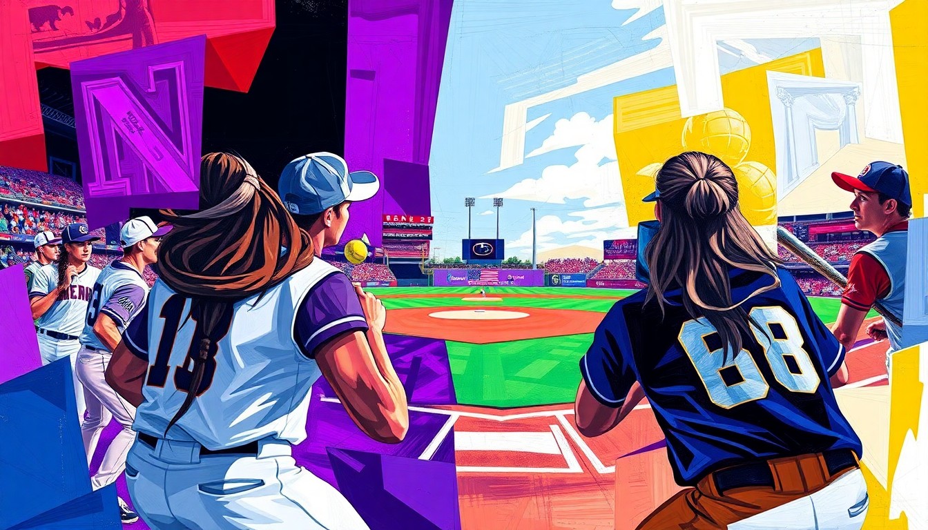 A cubist, geometric painting depicting a softball game, with the players and field broken down into overlapping, angular shapes in the colors of the Northwestern and Penn State uniforms.