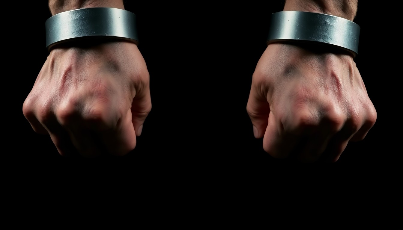 An extreme close-up photograph of a pair of handcuffed wrists against a stark black background, the metal cuffs and skin texture dramatically illuminated by a harsh, direct camera flash, conveying a sense of tension and confrontation.