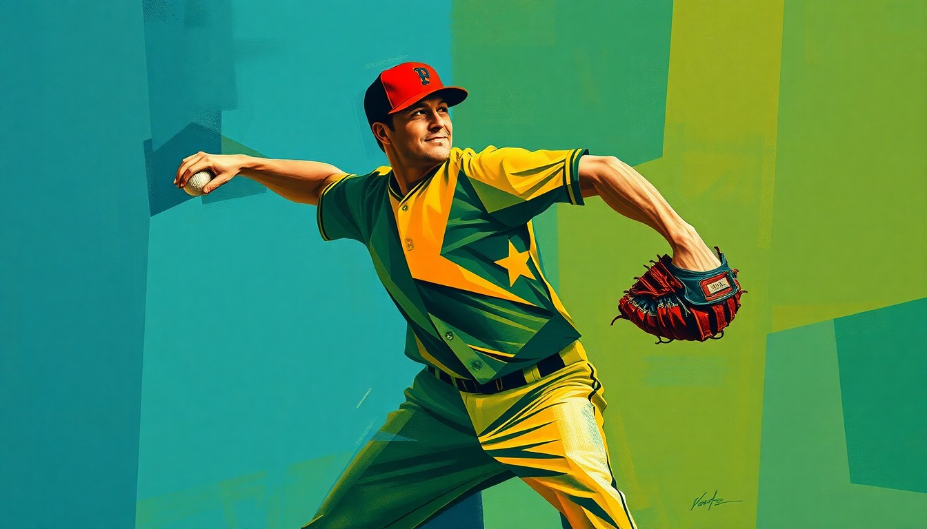 A fragmented, geometric painting depicting the abstract form of a baseball pitcher in mid-delivery, with sharp planes of color and overlapping shapes conveying the dynamic motion of the sport.