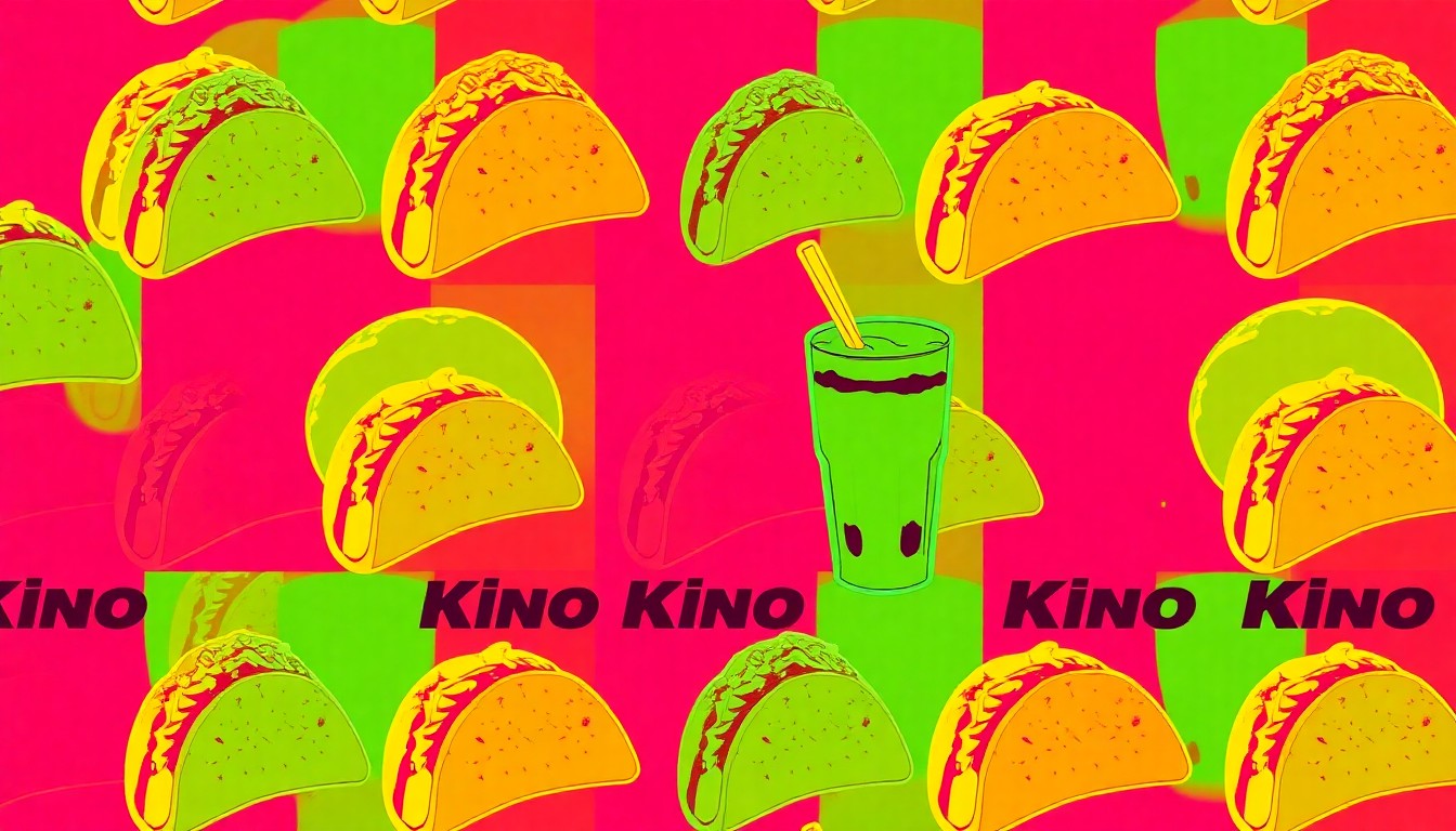 A high-contrast silkscreen print in bright neon colors depicting a single King Taco menu item, such as a taco or burrito, repeated in a grid pattern to create a modern pop art representation of this classic Mexican street food.