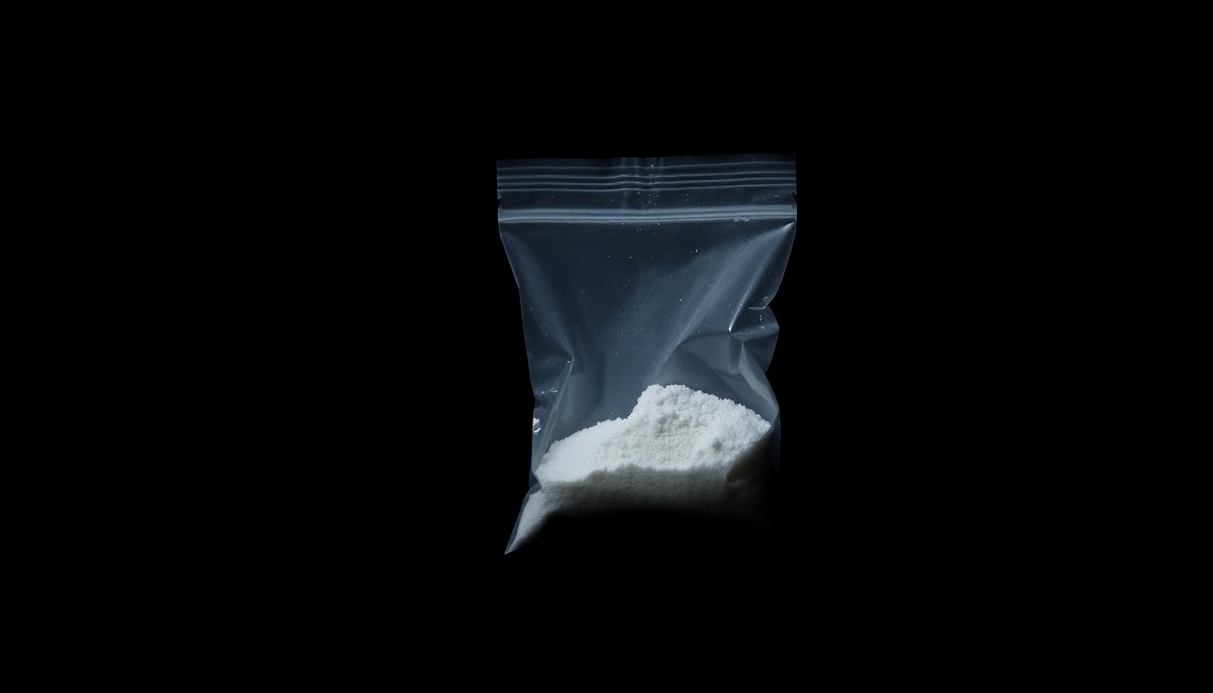 An extreme close-up photograph of a small plastic bag containing white crystalline powder, lit by a harsh, direct camera flash against a pitch-black background, conceptually illustrating the seized drugs from a recent law enforcement operation.