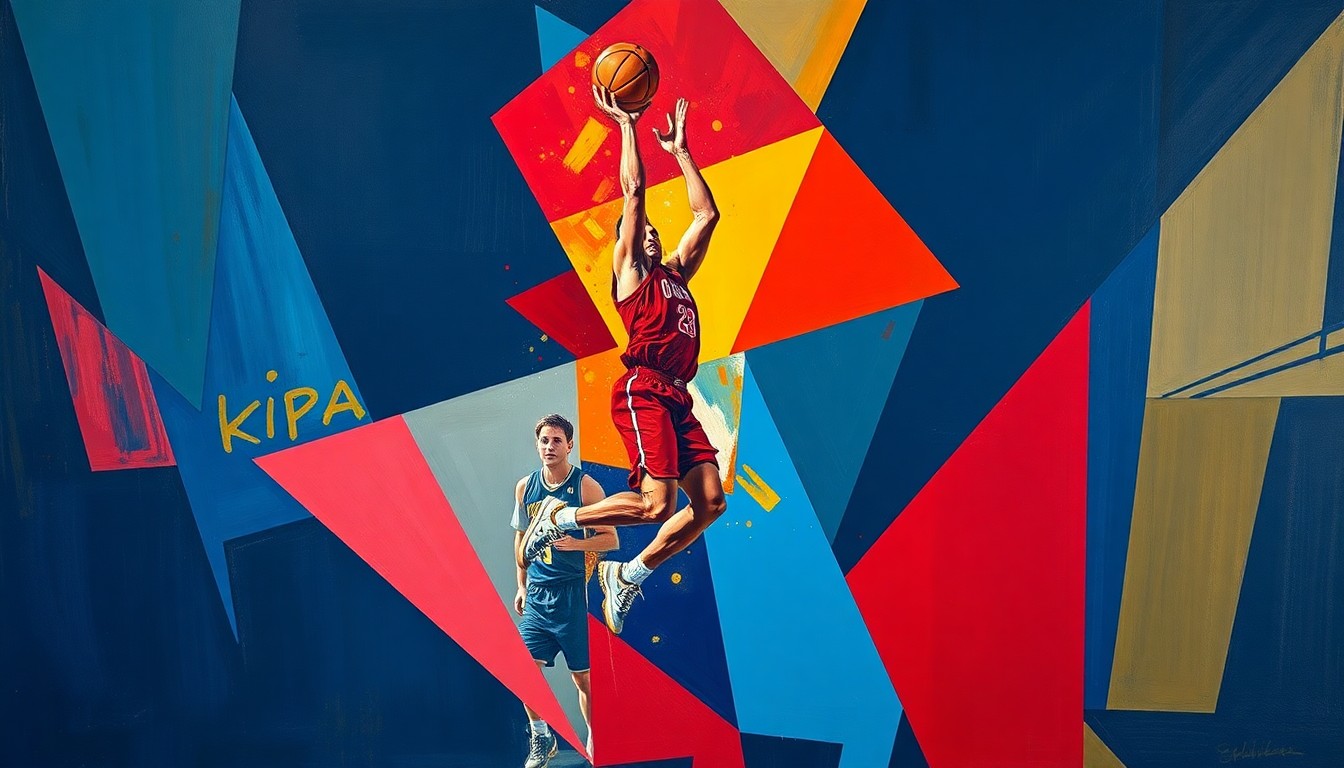 A cubist, geometric painting depicting a basketball player's jump shot broken down into sharp, overlapping planes of navy, crimson, and gold, conveying the raw energy and skill of the sport.