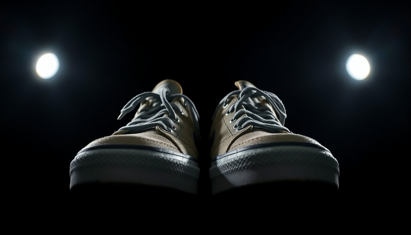 An extreme close-up photograph of a pair of well-worn sneakers against a pitch-black background, lit by a harsh, direct camera flash. The shoes are the central focus, with the texture and details of the material capturing the viewer's attention in a stark, gritty, investigative aesthetic.