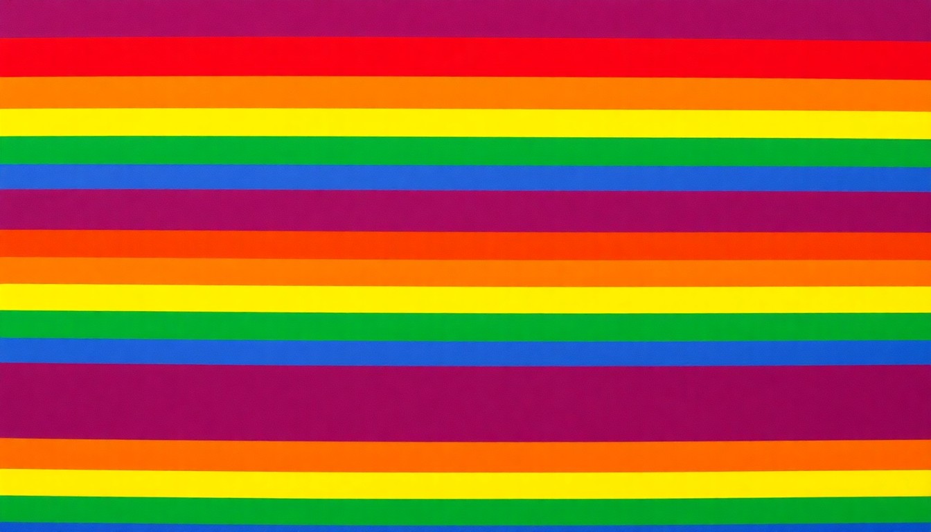 A bold, colorful silkscreen print featuring a repeating pattern of a rainbow flag, conceptually representing the vibrant celebration of LGBTQ+ pride in Philadelphia.