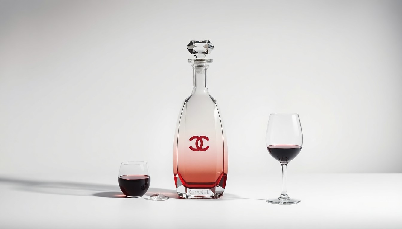 A minimalist, high-end studio still life photograph featuring a polished, geometric decanter and wine glasses arranged elegantly on a clean, monochromatic background, symbolizing the refined luxury and prestige of Chanel's acquisition of the Rudd Estate winery in Napa Valley.