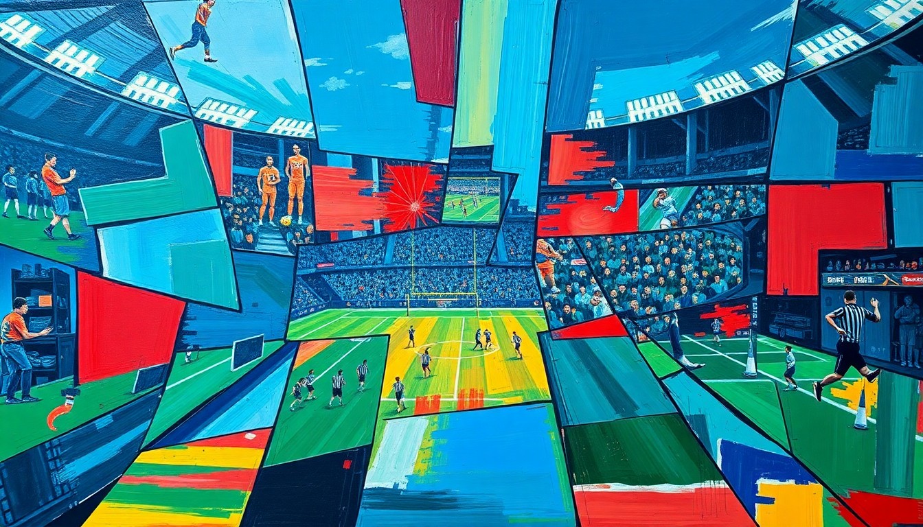 A cubist-style painting depicting a football game broken down into overlapping geometric shapes and planes in vibrant blues, reds, and greens, capturing the dynamic action and energy of the sport.