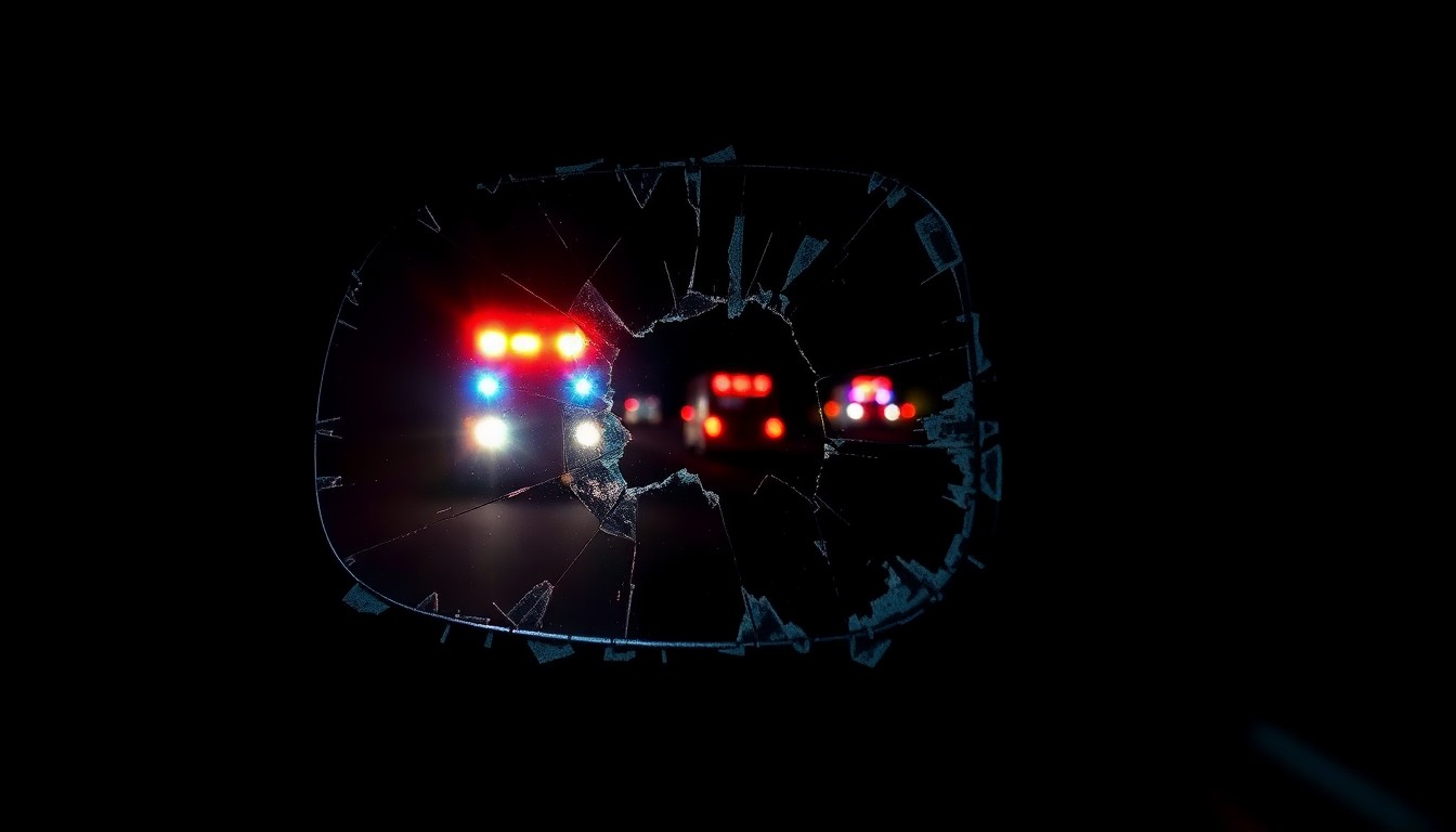 An extreme close-up photograph of a shattered car side mirror reflecting the flashing lights of emergency vehicles, captured in a stark, gritty style with a harsh camera flash against a pitch-black background, conceptually illustrating the aftermath of a tragic hit-and-run incident.