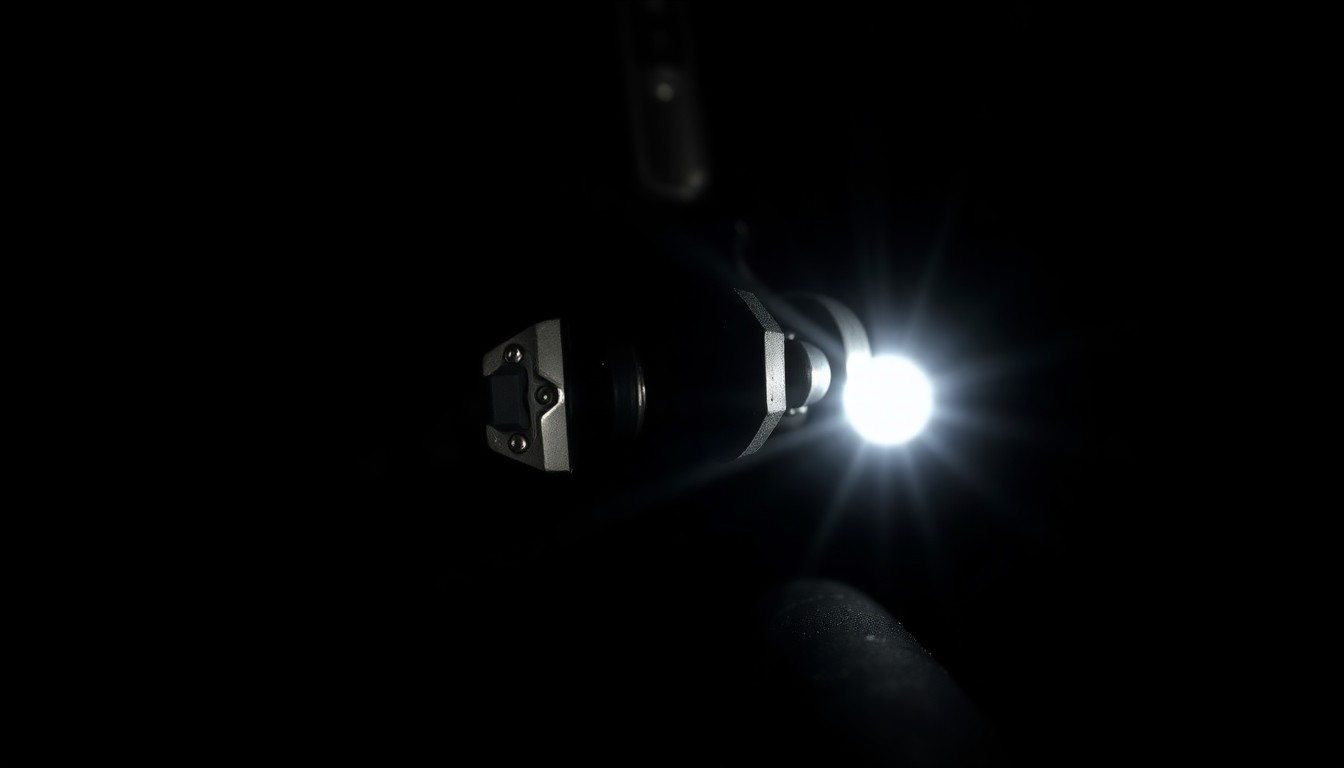 An extreme close-up photograph of a damaged e-bike lock or component, lit by a harsh, direct camera flash against a pitch-black background, conceptually illustrating the theft of an e-bike.
