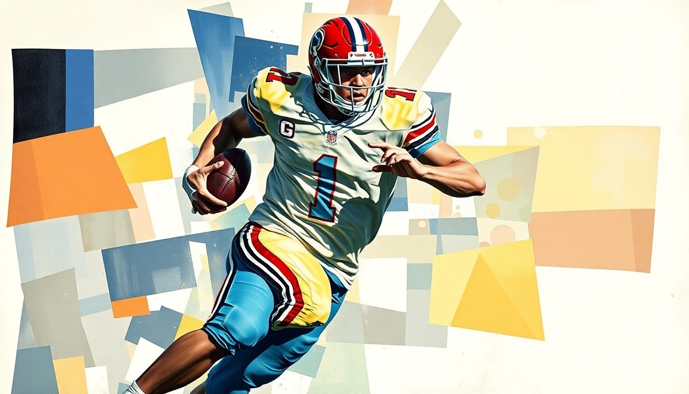 A cubist-style painting depicting a college football player in motion, broken down into sharp, overlapping geometric shapes and planes in a vibrant color palette.