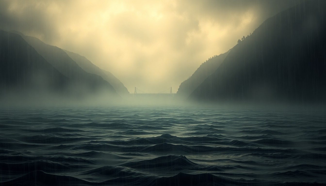 A sweeping, atmospheric landscape painting in muted tones of gray, blue, and green, depicting a flooded river valley with the distant outline of a dam or levee structure barely visible through the heavy rain and mist, conveying the overwhelming power and scale of the natural disaster.
