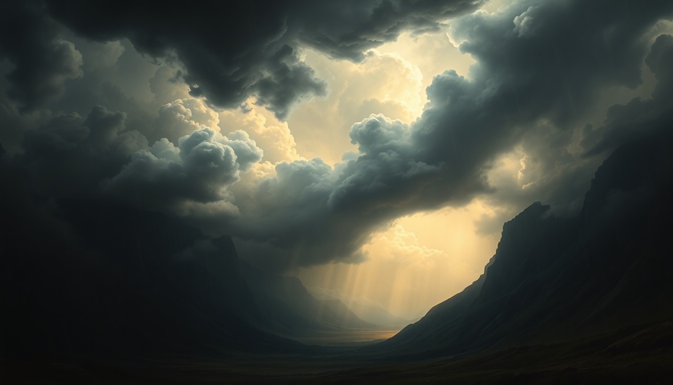 A sweeping, atmospheric landscape painting in muted blues, grays, and whites, depicting a vast, stormy sky with dissipating clouds and light rain, dwarfing any physical structures or objects in the distance.