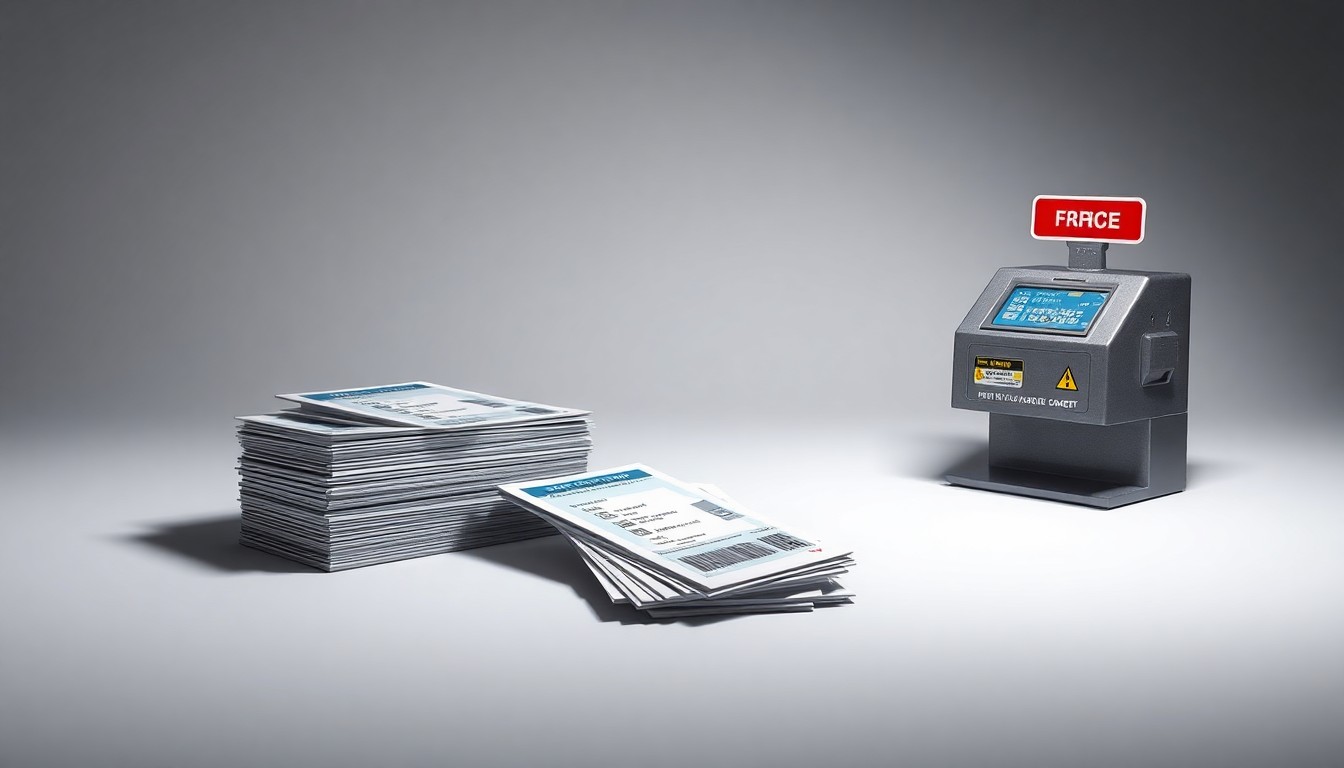 A photorealistic studio still life featuring a stack of transit passes, a fare box, and a ticket machine arranged on a clean, monochromatic background, conveying the abstract concepts of public transit finance and fare enforcement.