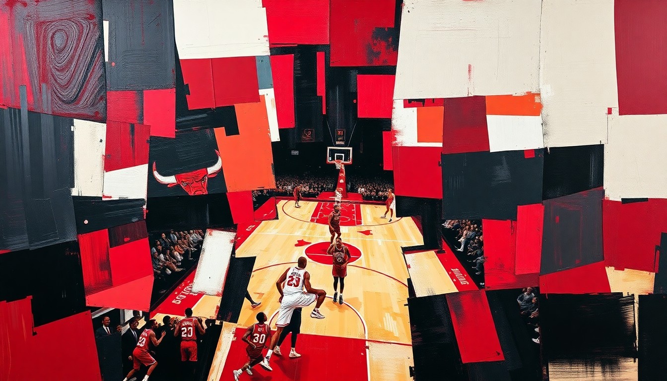 A cubist, geometric painting in red, black, and white, breaking down a basketball game or competition into sharp, overlapping planes, conceptually representing the transition and uncertainty facing the Chicago Bulls organization.