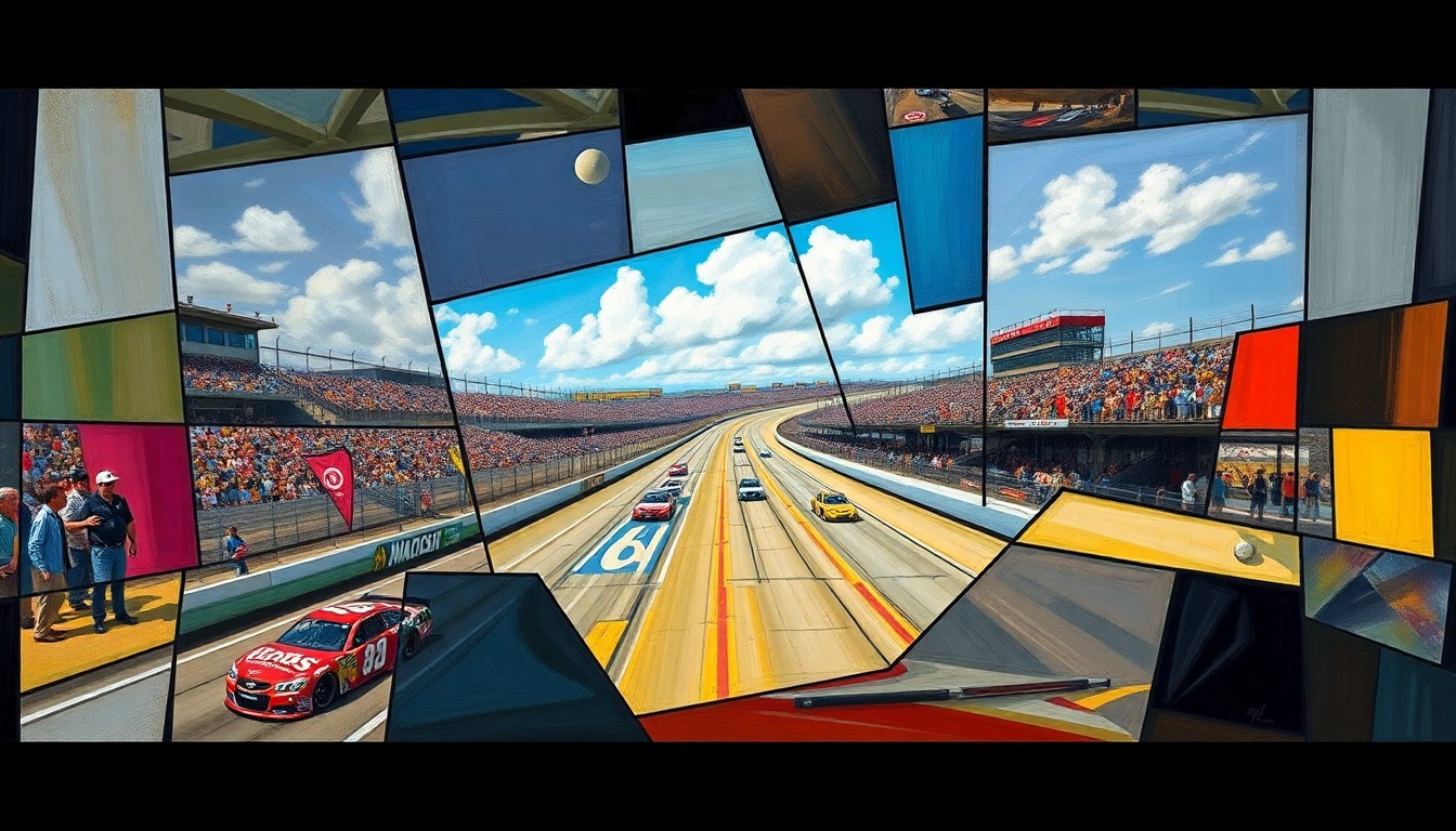A cubist, geometric painting depicting a fragmented NASCAR race scene with overlapping planes of color and shape, conveying the intricate dynamics at play in the sport.