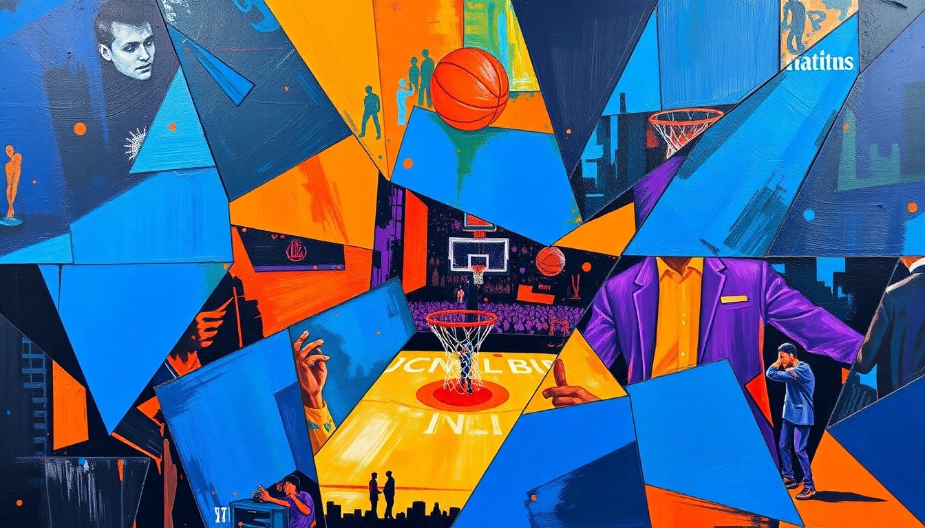 A fragmented, cubist-style painting depicting a basketball game or match, with sharp geometric shapes and planes in vibrant colors like blue, orange, and purple, conveying the complex challenges facing the Memphis Grizzlies as they look to rebuild their roster.