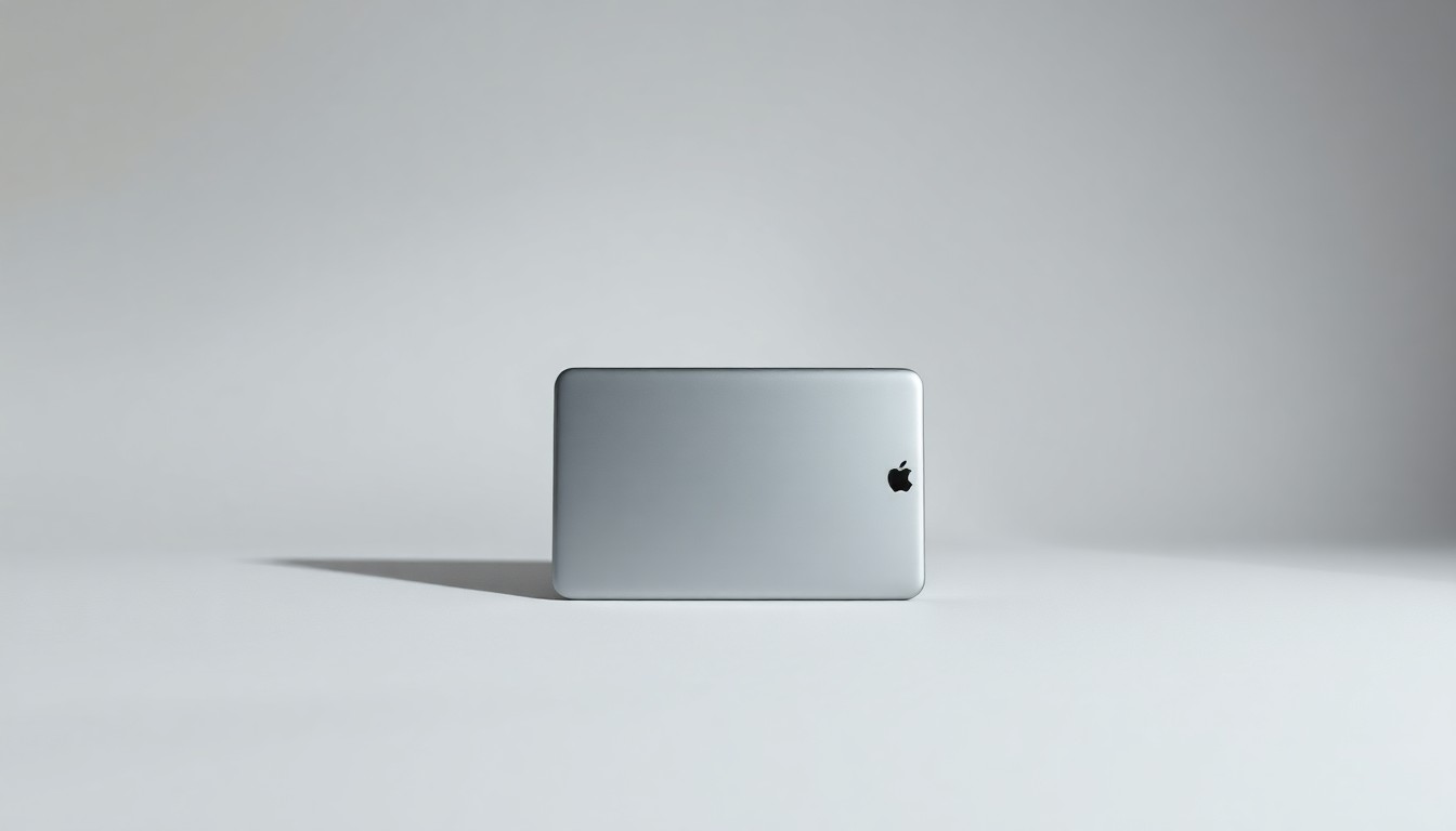 A minimalist, high-contrast studio photograph of a sleek Apple product, such as an iPhone or MacBook, placed elegantly on a plain white background, conceptually representing the corporate forces behind the closure of the company's first unionized retail store.