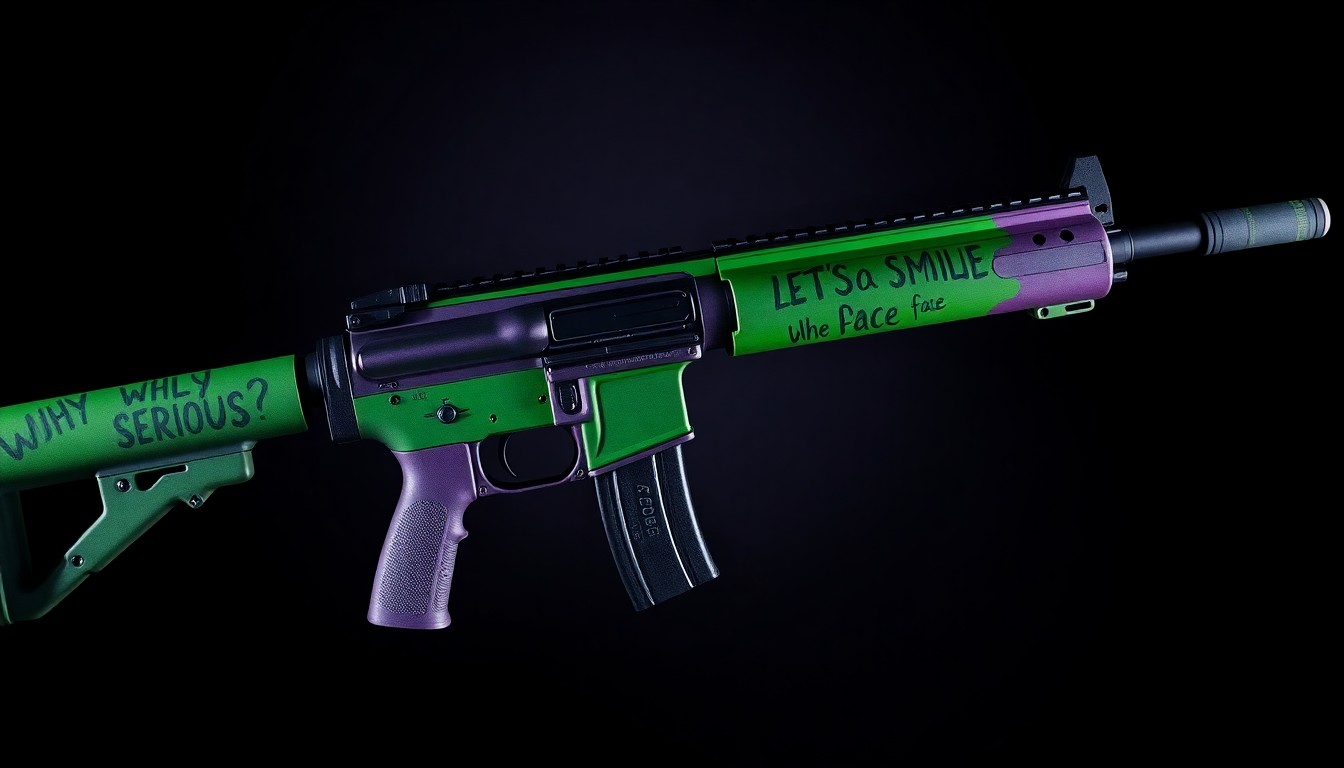 An extreme close-up photograph of a semi-automatic rifle with a green and purple paint job, focusing on the texture, material details, and dramatic lighting to create a stark, gritty, investigative aesthetic.