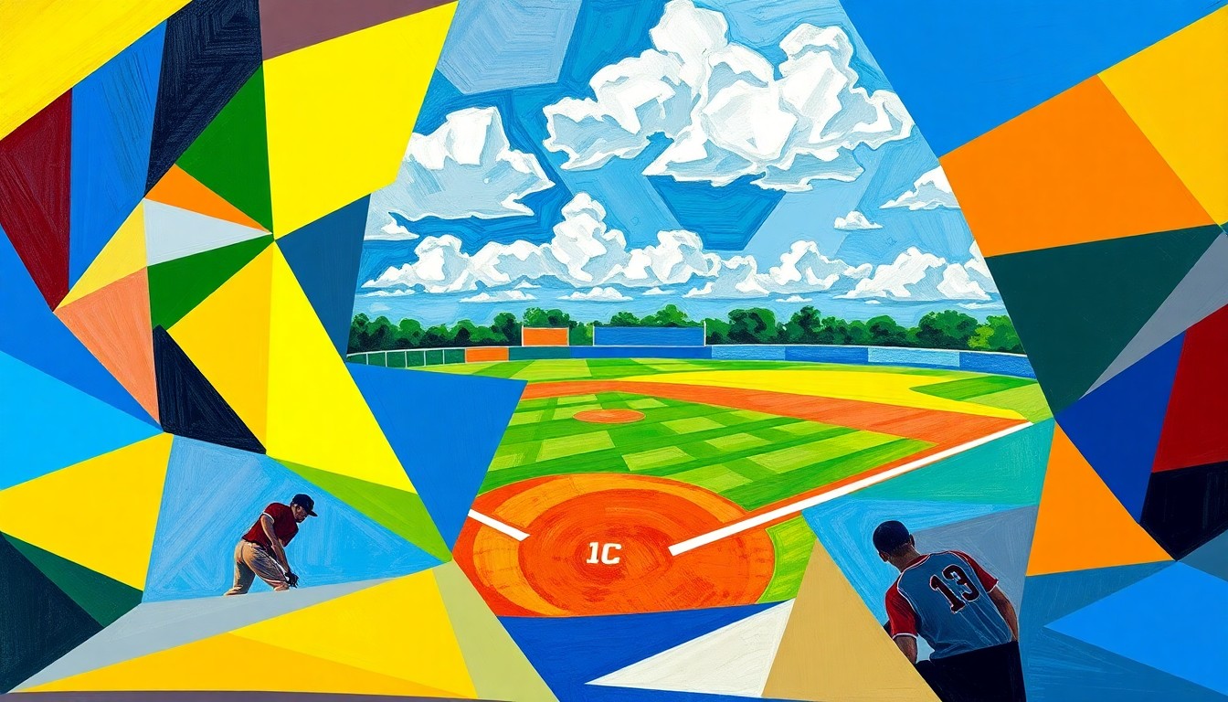 A cubist, geometric painting depicting a high school softball game, with sharp, overlapping planes of color representing the players, field, and action on the diamond.