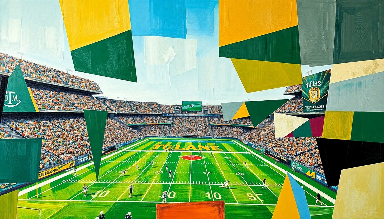 A cubist, geometric painting depicting a Tulane football game, with sharp, overlapping planes of color and form representing the action on the field.