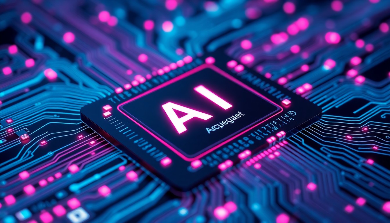 A highly detailed, glowing 3D illustration of a complex AI chip with intricate circuit patterns and neon lighting, representing the advanced hardware powering Meta's next-generation AI capabilities.