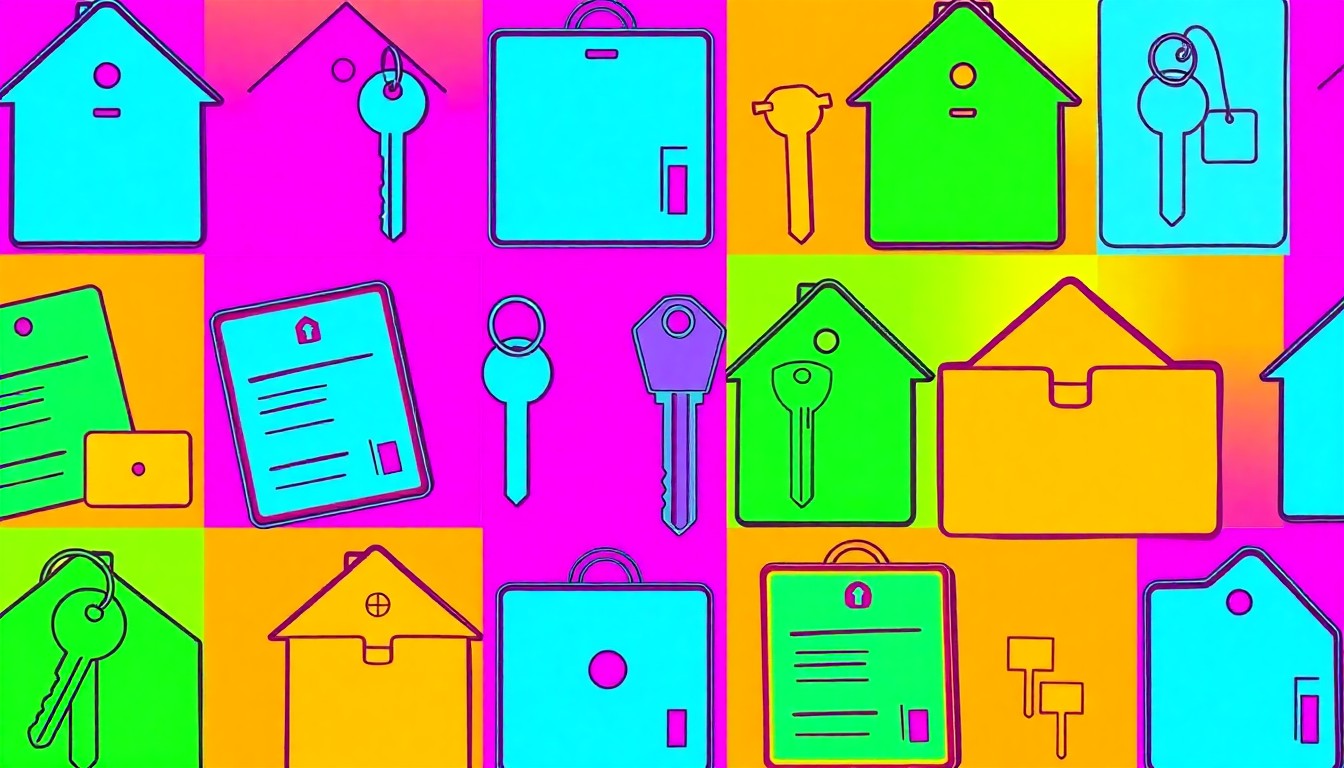 A high-contrast, silkscreen-style illustration featuring a repeating grid of a single, iconic rental property object, such as a house key or digital tablet, rendered in vibrant neon colors with heavy black outlines, conceptually representing Camber Property Management's technology-driven approach to property management.