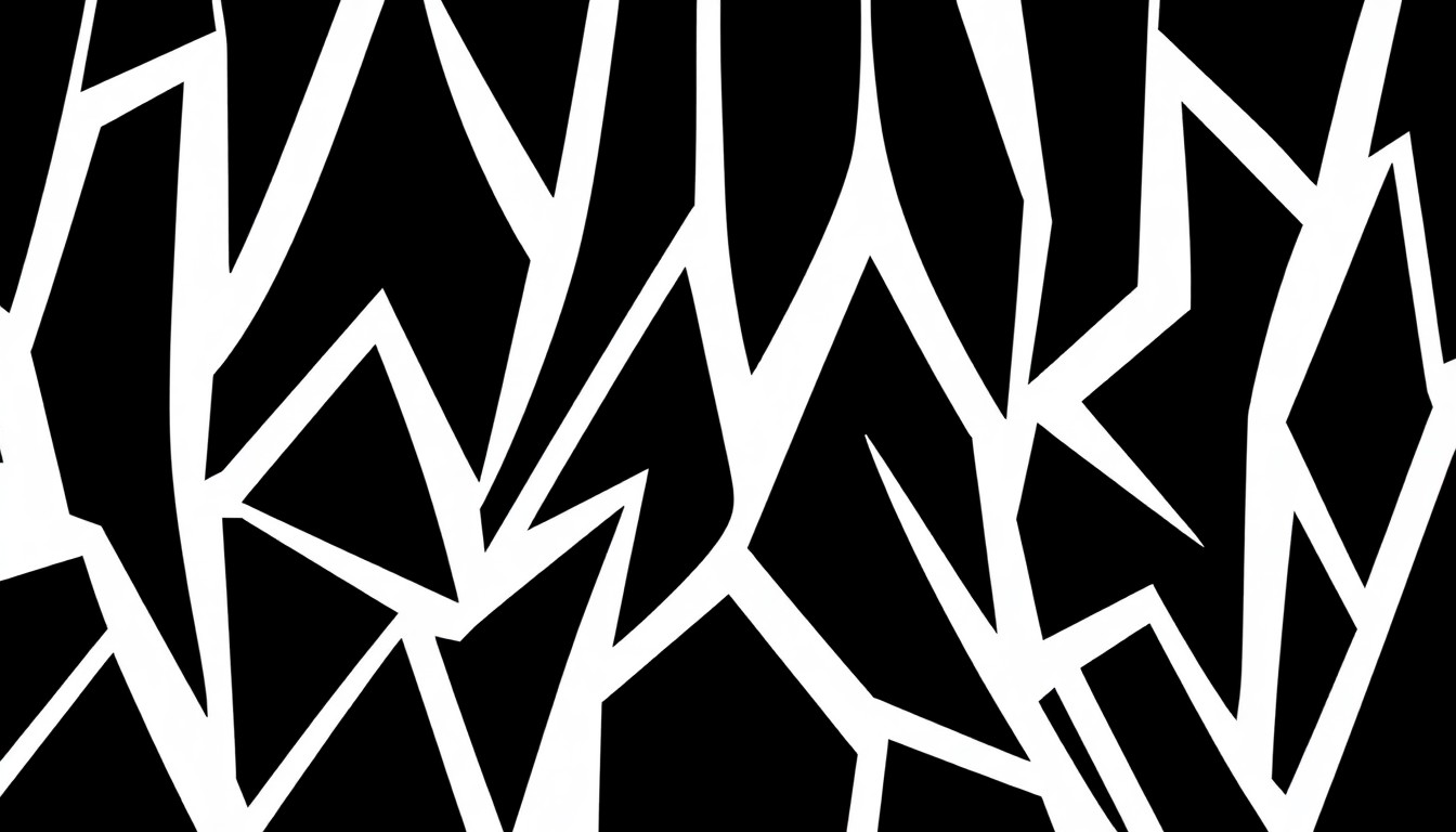 An abstract, minimalist illustration composed of sharp, angular black shapes against a stark white background, conveying the dynamic, adaptable nature of a mobile DJ service.