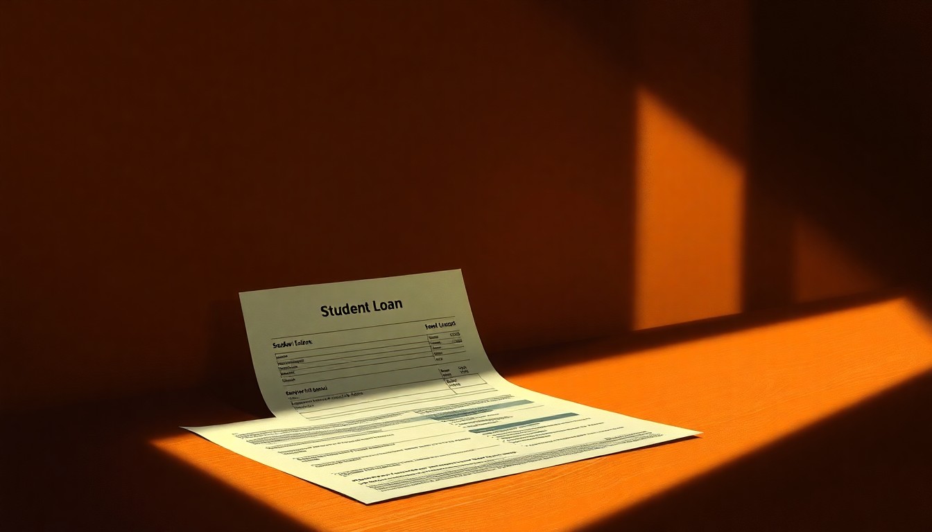 A detailed, photorealistic painting of a single student loan document or financial paperwork sitting on a wooden desk, with warm sunlight streaming in through a window and creating deep shadows across the surface, conveying a sense of uncertainty and unease about the future of the loan forgiveness program.