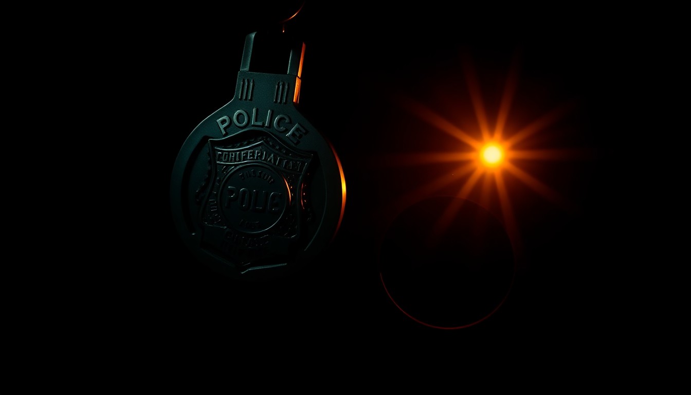 An extreme close-up photograph of a police badge or handcuffs against a pitch-black background, lit by a harsh, direct camera flash to create a stark, gritty, investigative aesthetic.