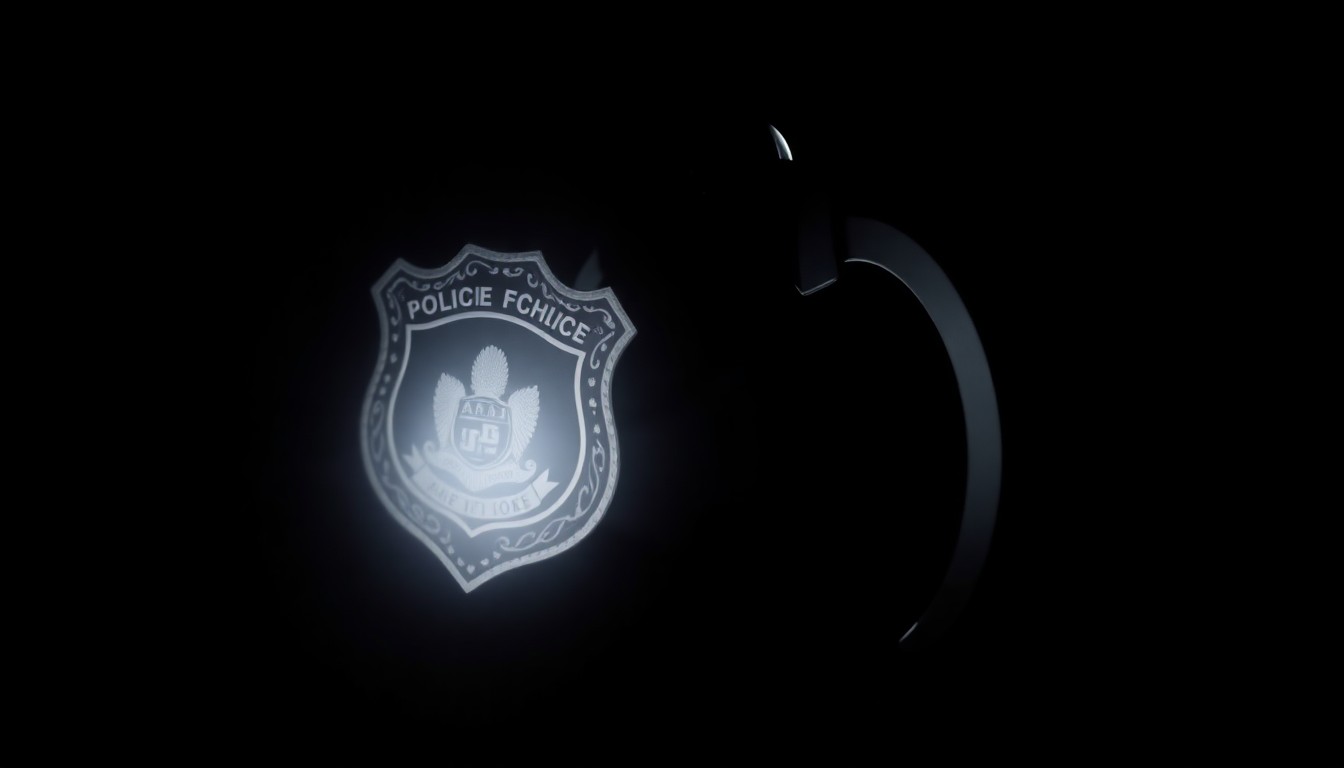 An extreme close-up of a police badge or handcuffs, lit dramatically by a harsh flash against a pitch-black background, conceptually representing the serious legal consequences faced by a former NFL player with a history of alcohol-related incidents.