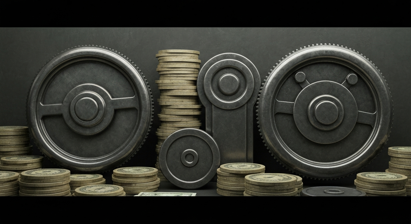 An extreme close-up of intricate gears, levers, and machinery in a banking vault, conveying a sense of the complex financial infrastructure that underpins the global economy.