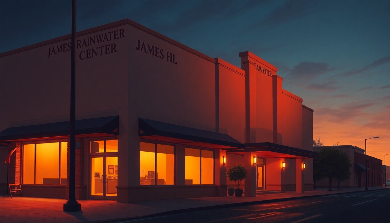 A serene, nostalgic painting of the exterior of a government building in downtown Valdosta, with warm sunlight casting long shadows across the facade.