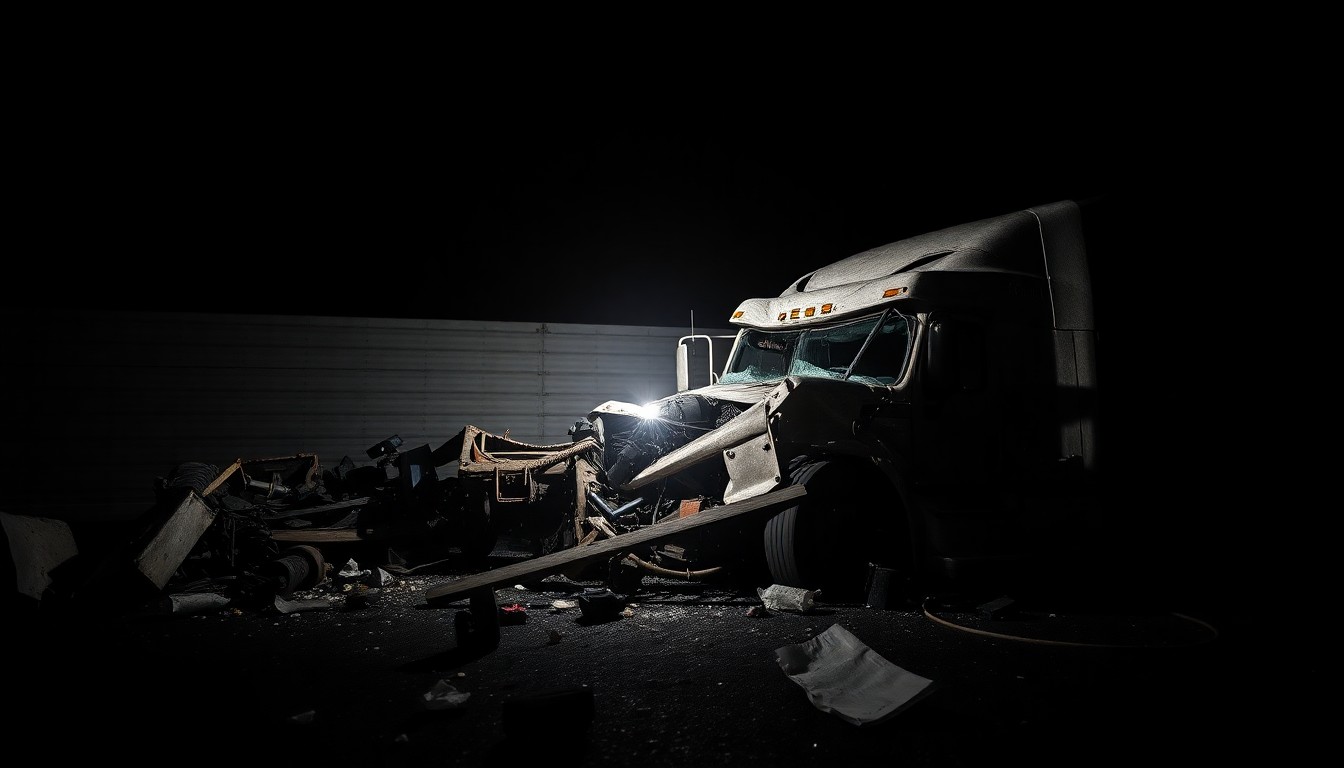 An extreme close-up photograph of twisted metal and scattered debris from a tractor-trailer accident, creating a stark, gritty, investigative aesthetic.