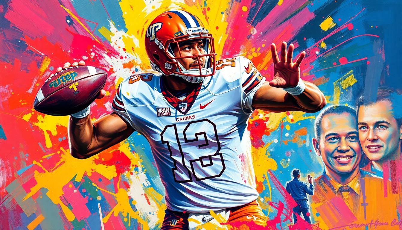 An abstract expressionist painting in vibrant neon colors, with rapid brushstrokes capturing the dynamic movements and energy of a quarterback in action, the player's face and details obscured in the energetic composition.