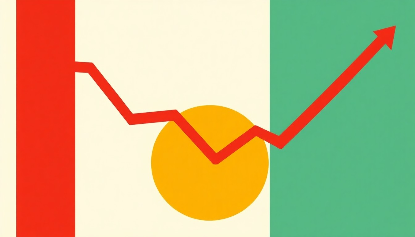 A vibrant, abstract illustration composed of overlapping triangles and rectangles in shades of blue, green, and yellow, conveying the concept of declining natural gas prices through a minimalist, geometric design.
