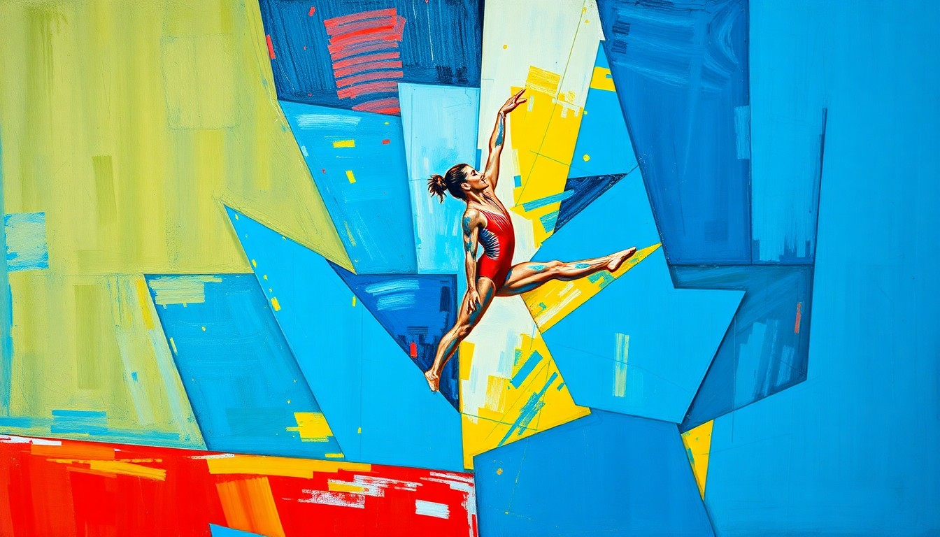 A fractured, cubist painting depicting a gymnast performing on the uneven bars, with the figure and equipment broken down into sharp, overlapping geometric shapes and planes in a vibrant color palette.