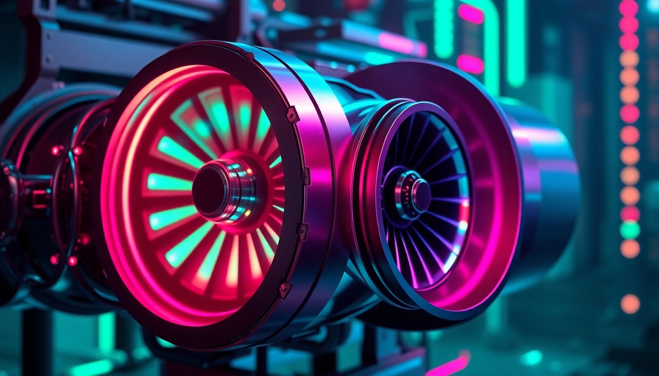 A highly detailed, glowing 3D macro illustration of a natural gas turbine engine emitting neon cyan and magenta lights, conceptually representing the digital infrastructure powering xAI's data centers and the environmental impact on nearby residents.